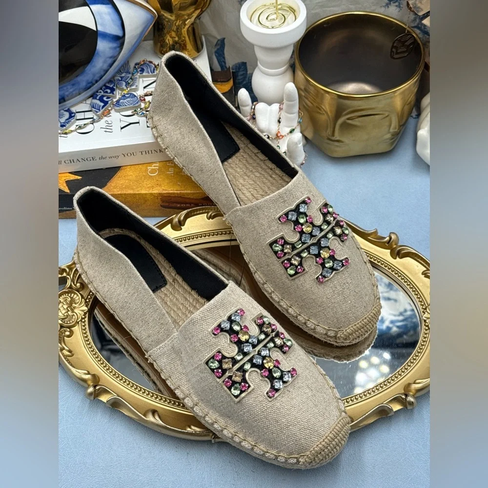 🆕 TORY BURCH 🧿 NWOB Ines Linen & Leather Bejewelled Espadrilles - Sz 10 M